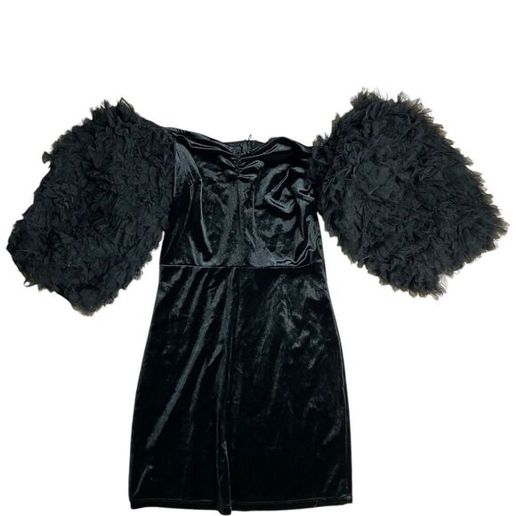 ZARA Dress S Black Velvet Tulle Balloon Sleeves 8351/253 FW22 Mini Off Shoulder - Picture 2 of 16